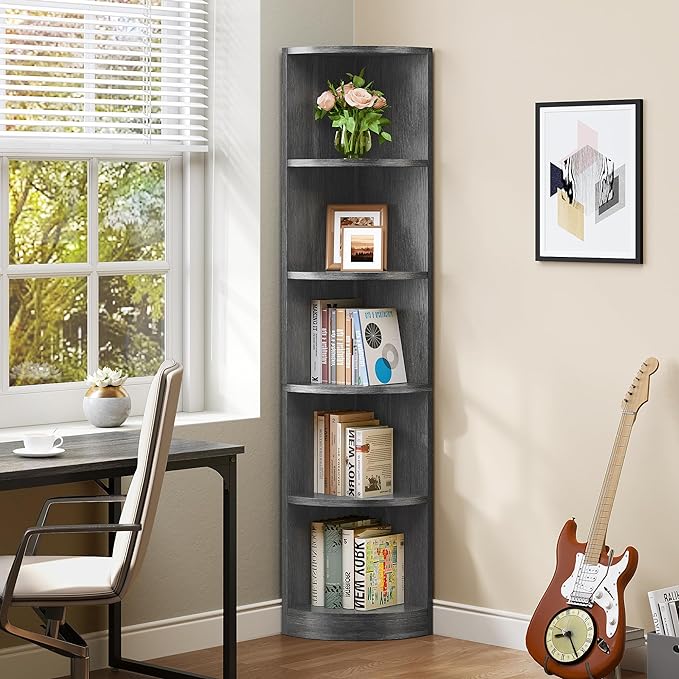 YITAHOME 70.8" Corner Shelf, 5 Tier Corner Bookshelf and bookcase, Modern Open Free Standing Shelving Unit Wooden Display Rack Storage Shelves for Bedroom, Living Room, Home Office, Charcoal Gray