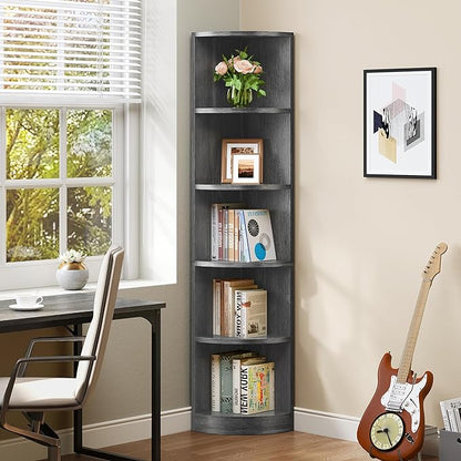 YITAHOME 70.8" Corner Shelf, 5 Tier Corner Bookshelf and bookcase, Modern Open Free Standing Shelving Unit Wooden Display Rack Storage Shelves for Bedroom, Living Room, Home Office, Charcoal Gray