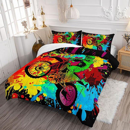 Axolotl Motocross Bedding Set Full,Dirt Bike Comforter Set,Extreme Sports Bedding,Motorcycle Racer Comforter Set Motocross Comforter Motor Vehicles Biker for Boys Kids Teens Men,1 Quilt 2 Pillowcases