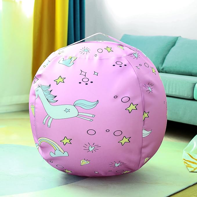 2-Pack Stuffed Animal Storage Bean Bag Chairs Toy Storage Organizer Bean Bags Chair Covers Only for Kids 24" Beanbag with Zipper for Organizing Kid's and Adults Room, Pink White Unicorn