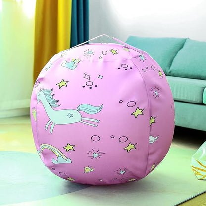 2-Pack Stuffed Animal Storage Bean Bag Chairs Toy Storage Organizer Bean Bags Chair Covers Only for Kids 24" Beanbag with Zipper for Organizing Kid's and Adults Room, Pink White Unicorn