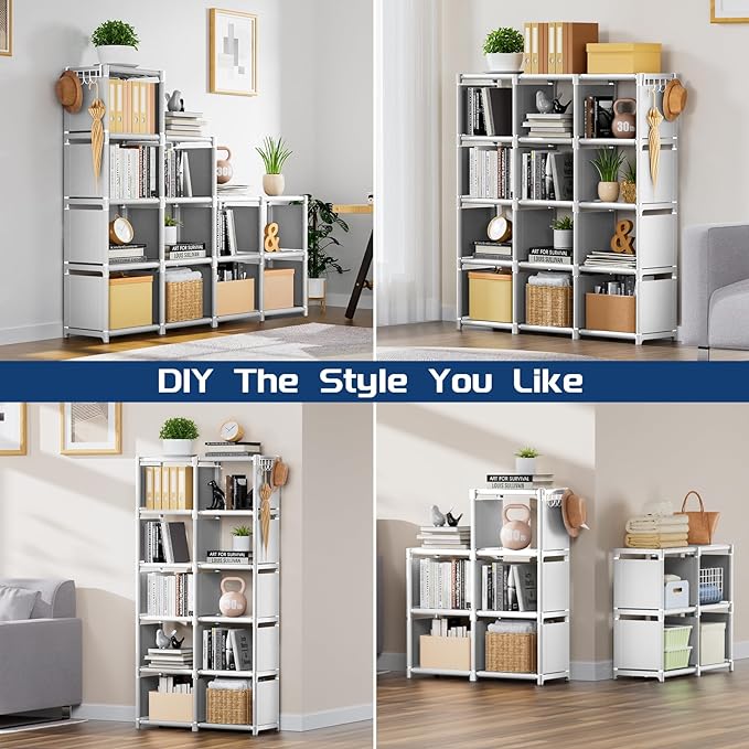 Mavivegue Book Shelf, 12 Cube Storage Organizer, DIY Bookcase, Metal Cube Bookshelf,Tall Book case for Bedroom, Living Room,Office,Closet Storage Organizer, White Cubicle Storage Rack