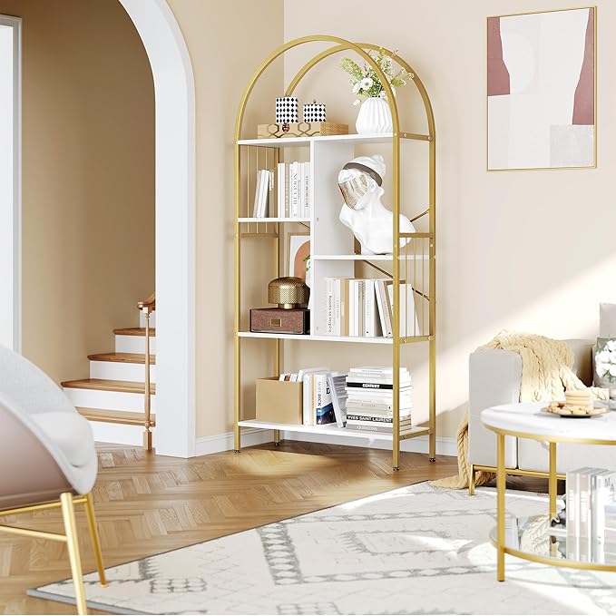 YITAHOME Gold Arched Bookshelf and Bookcase, 5 Tier Standing Book Shelf, Storage Display Rack Shelves for Bedroom Living Room Office,White&Gold