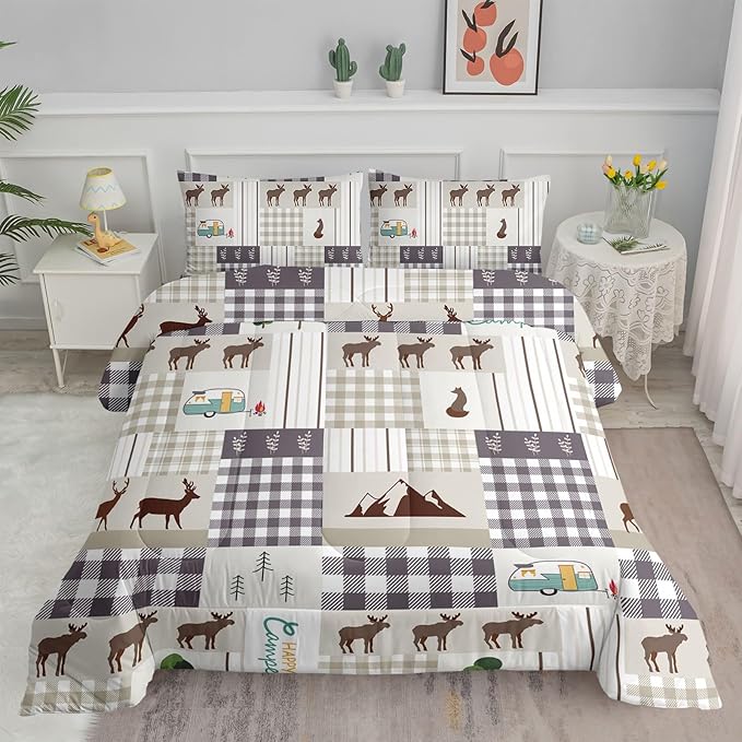 Datura home Happy Camper Comforter Set Rustic Lodge and Camper Deer Printed Quilt Bedding Set with 1 Comforter and 2 Pillowcases for Boys and Girls Bedroom All Season(Camper Queen)