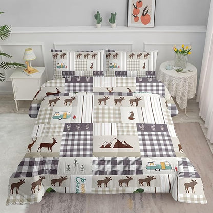 Datura home Happy Camper Comforter Set Rustic Lodge and Camper Deer Printed Quilt Bedding Set with 1 Comforter and 2 Pillowcases for Boys and Girls Bedroom All Season(Camper Twin)