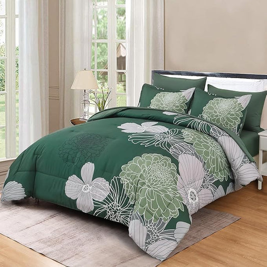 Yiran 7 Pieces King Size Comforter Set,Dark Green Floral Bed in a Bag Comforter and Sheet Set, Soft Microfiber Lightweight Bedding Set for All Season 103"×90"