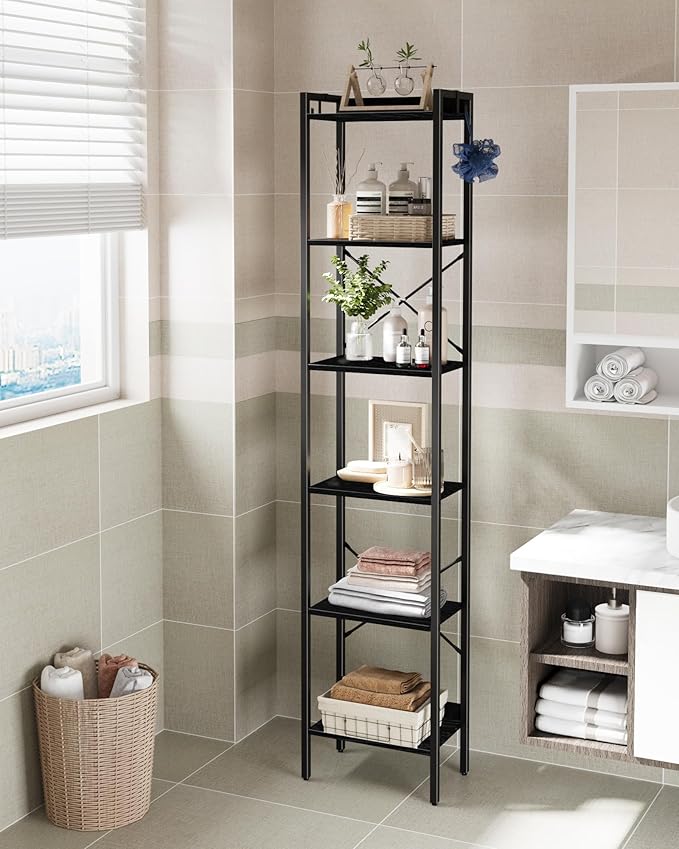 Bookshelf, Book Shelf, Industrial Bookcase with 2 Hooks, Coner Shelf Storage Organizer for Home Office, Living Room, Bedroom, Kitchen, 6-Tier Black BC10704B