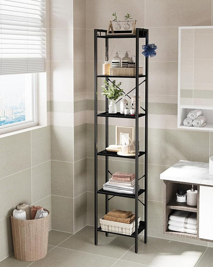 Bookshelf, Book Shelf, Industrial Bookcase with 2 Hooks, Coner Shelf Storage Organizer for Home Office, Living Room, Bedroom, Kitchen, 6-Tier Black BC10704B