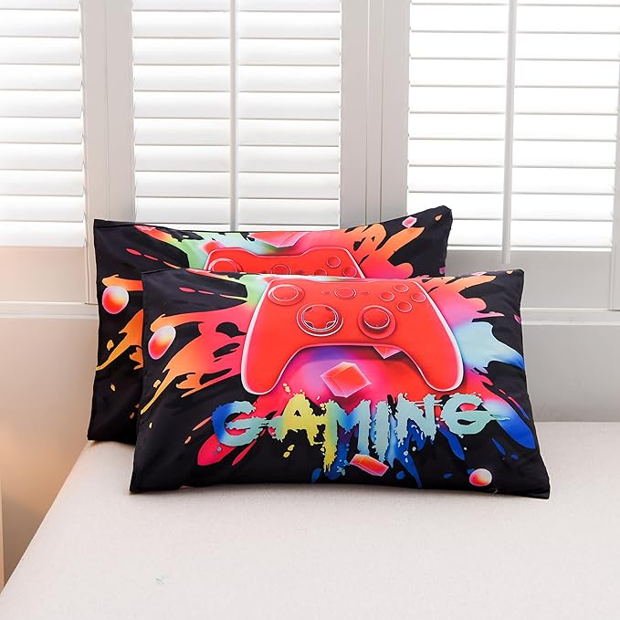 Aimuan Gaming Comforter Sets for Boys Kids Bedding Sets Video Games Console Action Buttons Novelty Colorful Game Gamepad Controller Modern Gamer Room Decor Home Quilt Set (Full, Black)