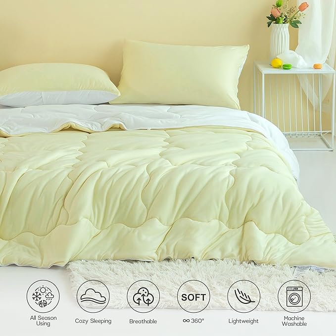 COTTEBED Reversible KING Bedding Comforter Set, Jersey Knit All Season Milk Cup Dual-Side Down Comforters, Super Soft Breathable Fluffy Lightweight Quilt & Pillow Shams(Yellow and White King/Cal King)