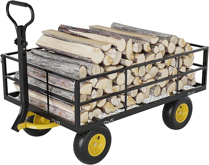 3-in-1 Heavy-Duty Steel Garden Cart, 1200 Lbs Garden Wagon, with 13 Inch All-Terrain Tires and Removable Mesh Side Panels, 180° Rotating Handle, Metal Utility Yard Trailer, Outdoor Gardens Wagon Cart