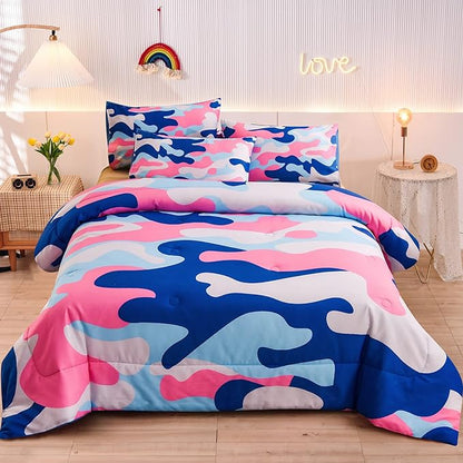 Meeting Story Camouflage Bedding Set, Colorful Pattern Style Twin Camouflage Comforter Set, 3 PCS 1 Comforter and 2 Pillowcases in One Bag, All Season Bedspread for Kids Teens Adults (Blue, Twin)