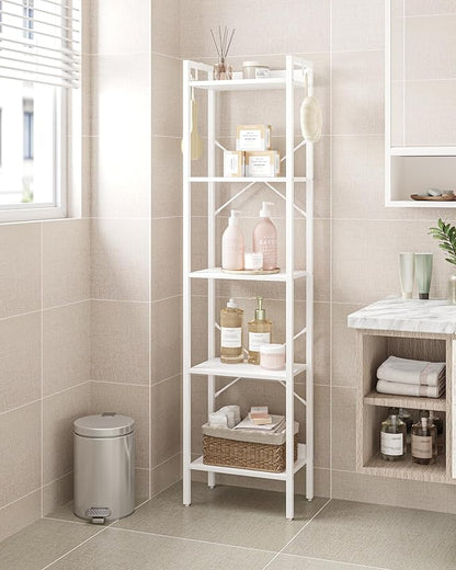 Bookshelf, Book Shelf, Industrial Bookcase with 2 Hooks, Coner Shelf Storage Organizer for Home Office, Living Room, Bedroom, Kitchen, 5-Tier White BC10513W
