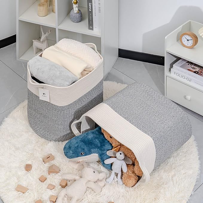 Tall Storage Bins Rectangle Basket Cotton Extra Large Toy Storage Hamper Rectangular with Handles,Decorative Blanket Laundry Basket for Living room,Dog Baskets Large Basket for Toys 2 pack