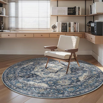 AMOAMI-6FT Round Rug-Rugs for Living Room-Vintage Soft Blue Rugs for Bedroom-Non Slip Circle Rug-Machine Washable Rug for Dining Room Living Room Bedroom Office Under Table