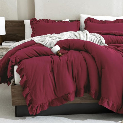 Andency Burgundy Comforter Set Queen Size, 3 Pieces Shabby Chic Ruffle Bedding Comforter Sets for Queen Bed, Lightweight Fluffy Soft Microfiber Farmhouse Comforter Set