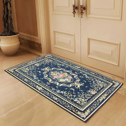 Luxury Rustic Floral Door Mat Washable Elegant Shabby Rose Rug Non Slip Accent Floor Rugs for Entry Way, 2'7'' x 4', Navy Blue