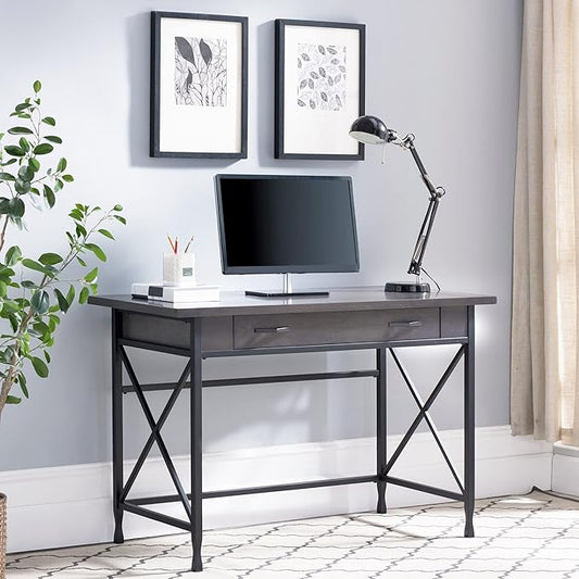 Leick Home 23400 Chisel & Forge Writing Computer Desk with Drop Front Keyboard Drawer, Smoke Gray and Matte Black