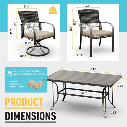 Pamapic 7 Piece Patio Dining Set for 6,Wicker Outdoor Furniture Set for Backyard Garden Deck Poolside with Iron Slats Table Top,4 Dining Chairs and 2 Swivel Rockers,Removable Cushions(Beige)