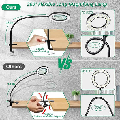 HITTI 10X Large Lens Magnifying Glass with Light and Clamp, 3 Color Modes Stepless Dimmable Lighted Magnifying Lamp, Flexible Gooseneck LED Magnifier with Light for Craft Hobby Painting Close Work