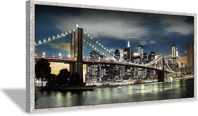 Framed Brooklyn Bridge Wall Art: Large Size New York Cityscape Skylines Night Scene Modern Picture Artwork for Home Office Decoration (48” X 24”)