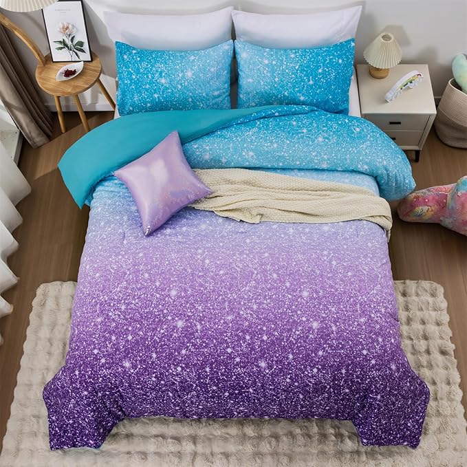 Holawakaka Kids Space Star Glitter Comforter Set Queen Size Girls Ombre Blue & Purple Print Gradient Teens Bedding Set Teens Galaxy Bed Sets (Blue Purple, Queen)