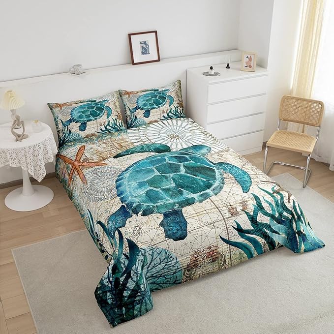 Turtle Bedding Teal Turtle Comforter Set Turquoise Ocean Themed Mediterranean Style Printed Design Ocean Turtle Down Comforter Quilted Duvet Set King Size 1 Comforter 2 Pillowcases (King, Turtle)