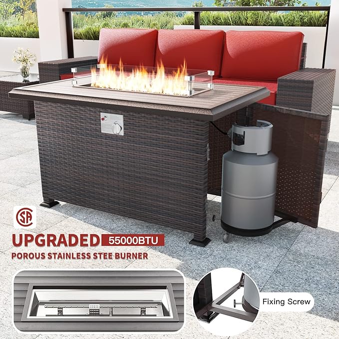 Kullavik 13 Pieces Outdoor Patio Furniture Set with 43" 55000BTU Gas Propane Fire Pit Table PE Wicker Rattan Sectional Sofa Patio Conversation Sets,Red