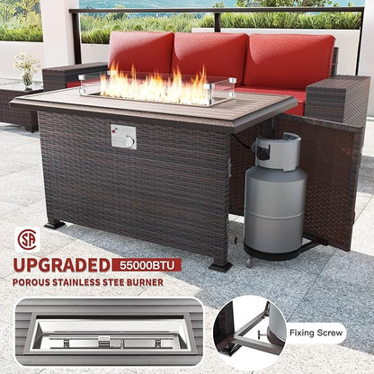 Kullavik 13 Pieces Outdoor Patio Furniture Set with 43" 55000BTU Gas Propane Fire Pit Table PE Wicker Rattan Sectional Sofa Patio Conversation Sets,Red