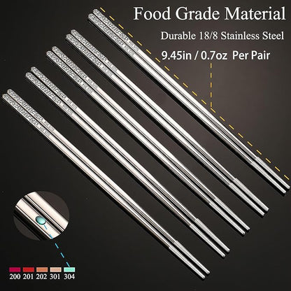 Stainless Steel Chopsticks Reusable, 5 Pairs, Silver Crack Pattern | Dishwasher Safe,18/8 Stainless Steel,Metal Chopsticks,Lightweight,Non-Slip,Laser engraving patterns