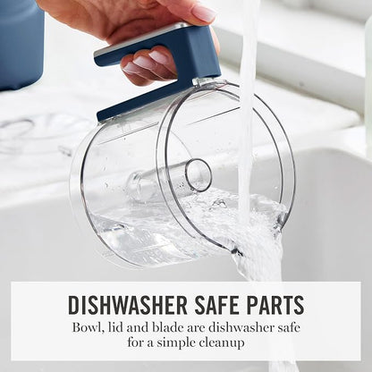 Martha Stewart 3 Cup Electric Vegetable Chopper, Mini Food Processor, Navy | 24oz BPA-Free Bowl, Stainless Steel Blades, Pour Spout, Dice, Puree, Mince, Chop Vegetables & Herbs, Dishwasher-Safe Parts