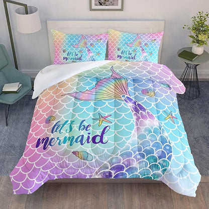 Datura home Bedding Comforter Set Rainbow Scales Mermaid Printed Pattern Bedding Set with 1 Comforter and 2 Pillowcases for Girls Bedroom All Season(Rainbow Scales Mermaid Twin), 68x86inches
