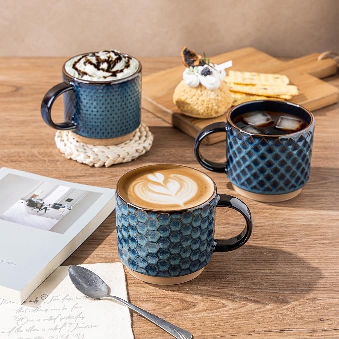 GBhome 6 OZ Stackable Coffee Mugs Set of 4, Ceramic Espresso Coffee Cups | Coffe Cups With Saucer and Stand, Dishwasher&Microwave Safe, 4 Assorted Designs