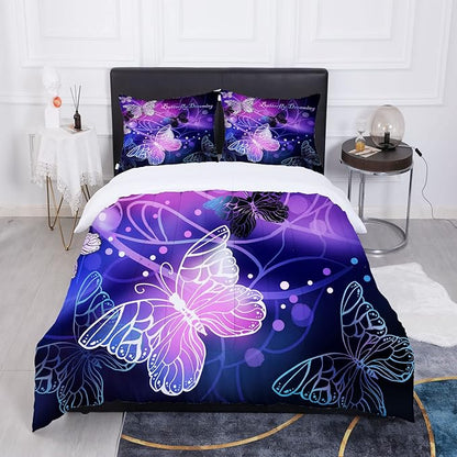 Sunnycitron 3D Purple Butterfly Bedding Queen Comforter Set Dreamy Butterfly Comforter Set for Girls Neon Butterflies Purple Bed Comforter (1 Comforter + 2 Pillowcases),Easy-Wash Fade Resistant