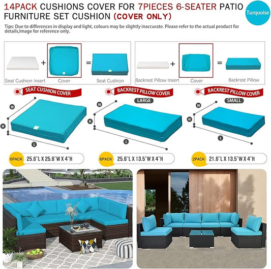 ClawsCover 14Pack Outdoor Patio Seat and Back Cushions Replacement Covers Fit for 7Pieces 6-Seater Wicker Rattan Sectional Couch Chair Furniture Set,Turquoise-Include Cover Only (Large)