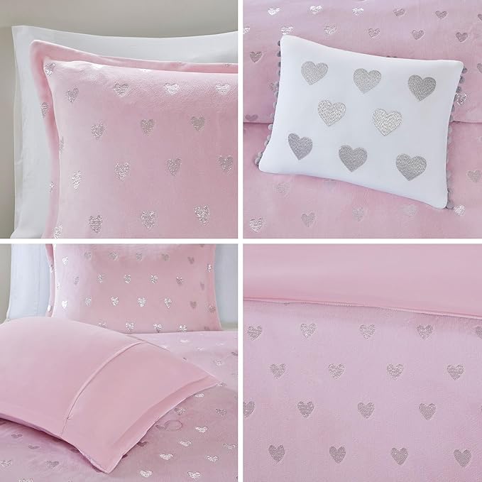 Mi Zone Rosalie Comforter Set for Girls, Ultra-Soft Microlight Plush Metallic Printed Hearts Brushed Reverse Overfilled Down Alternative Hypoallergenic All Season, Twin/Twin XL, Pink/Silver, 3 Piece