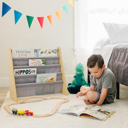 Wildkin Kids Canvas Sling Bookshelf for Boys and Girls, Wooden Design Features Four Fabric Shelves, Keep Bedrooms, Playrooms, and Classrooms Organized, Measures 25 x 24 x 11 Inches (Natural w/ Gray)