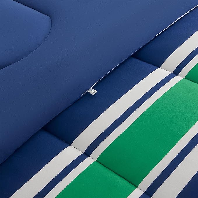 SLEEP ZONE Jersey Knit 3 Pieces Kids Comforter Set, Navy Gree Rugby Stripe Design for Boys and Teens. Durable, Breathable and Easy Care, All Season Use (Rugby Stripe Navy/Green, Full/Queen)