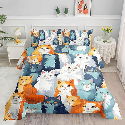 Datura home Kids Comforter Set Cute Cats Printed Pattern Bedding Set with 1 Comforter and 2 Pillowcases for Girls Boys Bedroom All Season(Cat Full)