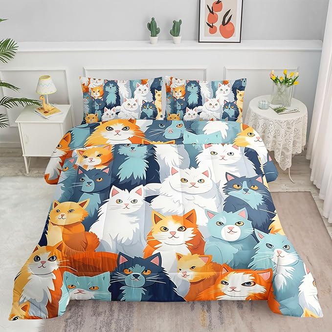 Datura home Kids Comforter Set Cute Cats Printed Pattern Bedding Set with 1 Comforter and 2 Pillowcases for Girls Boys Bedroom All Season(Cat Twin)