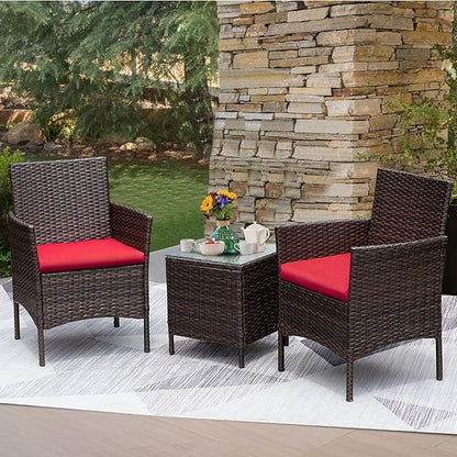 Greesum 3 Pieces Patio Furniture Sets Outdoor PE Rattan Wicker Chairs with Soft Cushion and Glass Coffee Table for Garden Backyard Porch Poolside, Brown and Red