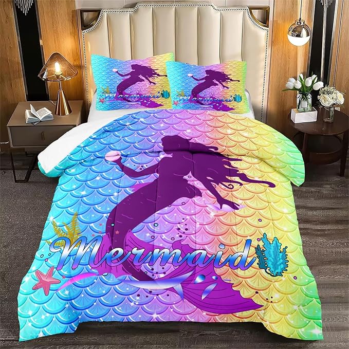 3Pcs Mermaid Comforter Set Queen Fish Scale Patterns Printed Queen Comforter Sets for Girls All Season Ultra Soft MIcrofiber Mermaid Bed Set Quilted Duvet with 2 Pillowcases, Queen Size