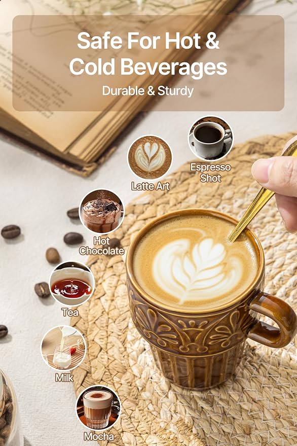 Ceramic Coffee Mug, Stackable Mug 3.3 OZ Coffee Mugs, Espresso Cups, Mugs Set of 6 for Latte Milk Hot Chocolate, for Men Women Kids, Ideal for Home Restaurant Daily Use & Holiday Gifting, Brown