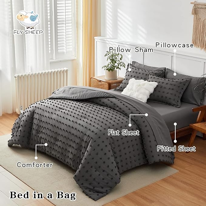 7 Pieces Tufted Dots Bed in a Bag King Comforter Set with Sheets Grey , Soft and Embroidery Shabby Chic Boho Comforters, Solid Color with Pom Pom Design, Jacquard Tufts Bedding Set for All Season