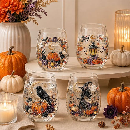 3D Halloween Autumn Glass Art Cup,Stemless Holiday Glassware Collection | Fantasy Fall Witch Wine Glasses,Holiday Printed Table Ornaments,Magical Halloween Home Decor Gifts for Various Beverages