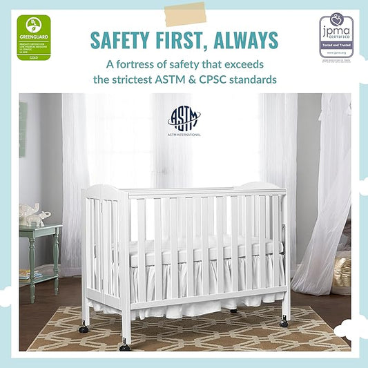 3 in 1 Portable Folding Stationary Side Crib in White, Greenguard Gold Certified, Safety Wheel with Locking Casters, Convertible, 3 Mattress Heights