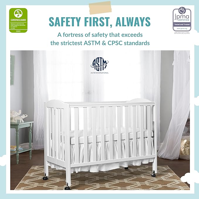 3 in 1 Portable Folding Stationary Side Crib in White, Greenguard Gold & Sunset 3” Extra Firm Fiber Crib Mattress, Greenguard Gold Certified, Waterproof Vinyl Cover