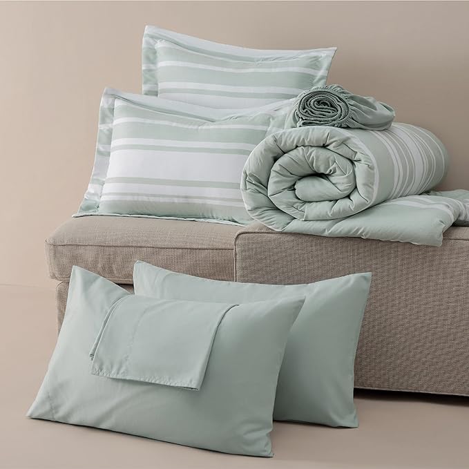 Bedsure Bed in a Bag Twin Size 5 Pieces, Sage Green White Striped Bedding Comforter Sets All Season Bed Set with 1 Pillow Sham, Flat Sheet, Fitted Sheet and 1 Pillowcase