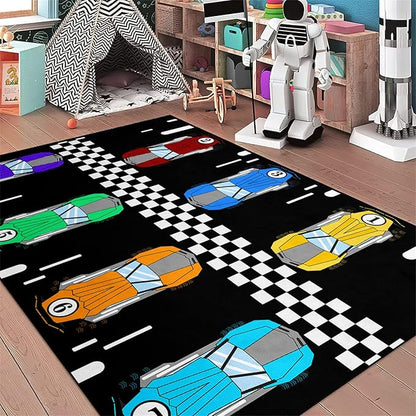 Race Car Rug Kids Play Area Rugs Race Car Track Rug Kids Rug with Roads and Tracks Car Track Carpet Car Rug for Boys Room Race Car Room Decor for Boys,Black 4'5''×6'