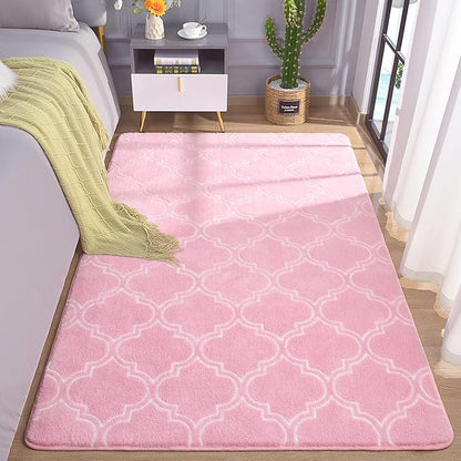 Chicrug Shag Geometric Modern Area Rug for Living Room, 7x10 Feet Large Memory Foam Indoor Carpet, Fluffy Rug for Bedroom Bedside Room Decor for Family Girls Kids Nursery, Pink/White